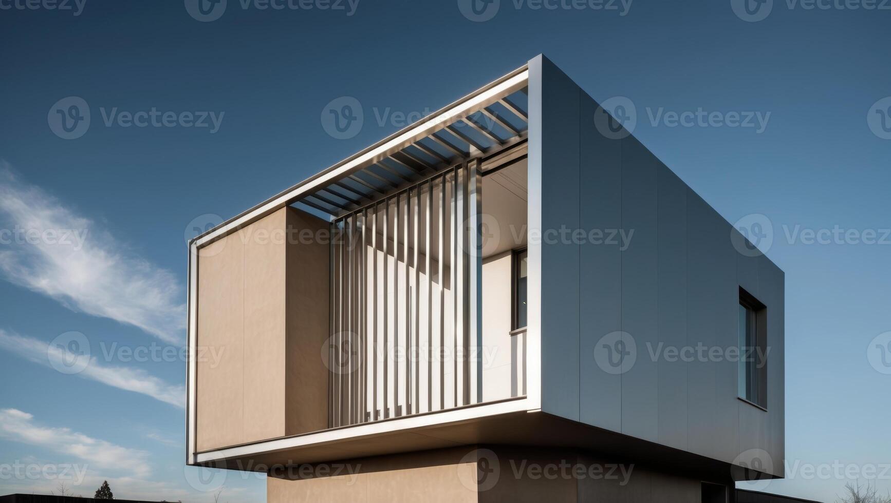 A modern house with a metal frame and a metal screen photo