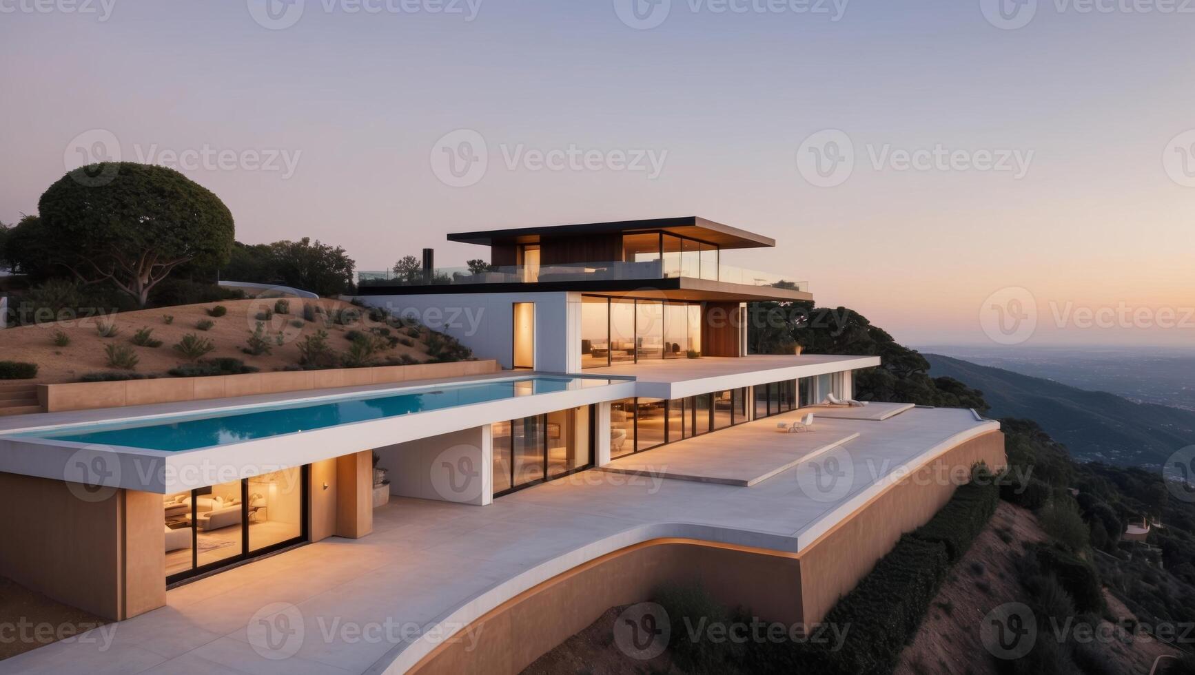 The modern house on the hillside at sunset photo