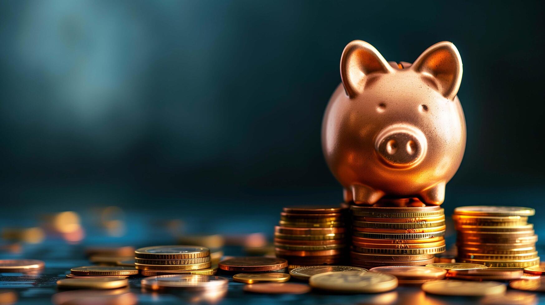 Perched upon a pile of coins, the piggy bank inspires a sense of financial prudence and foresight photo
