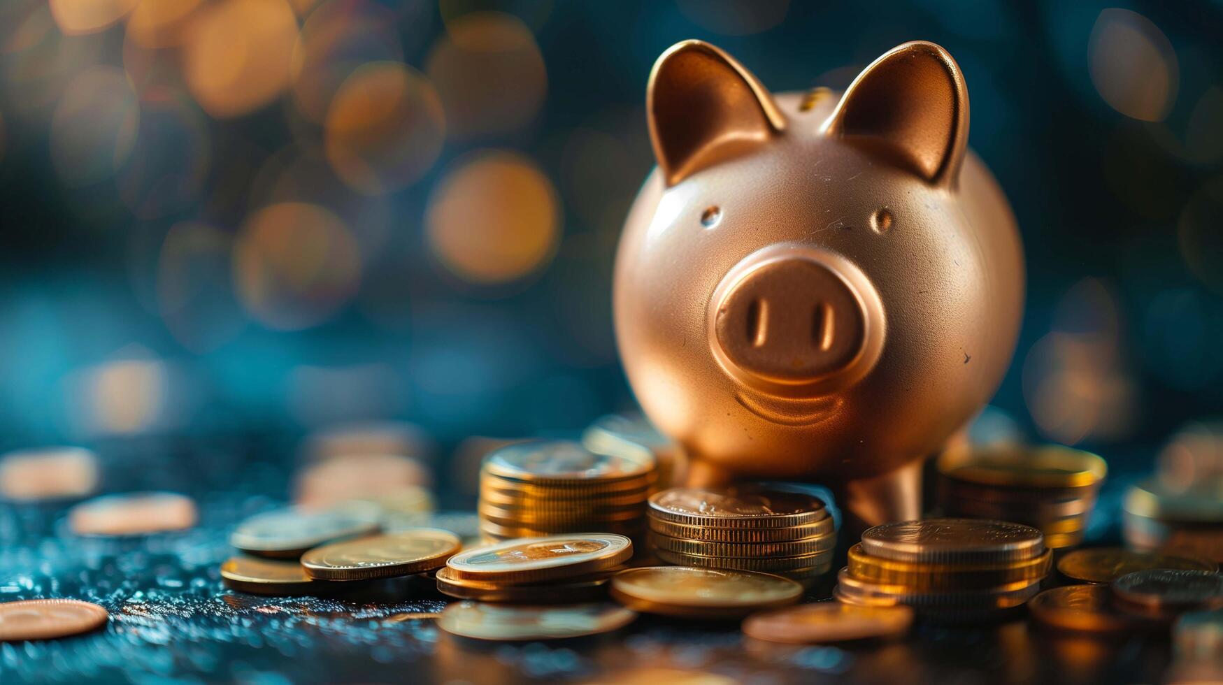 Positioned atop a mound of coins, the piggy bank embodies the essence of wealth management and frugality photo
