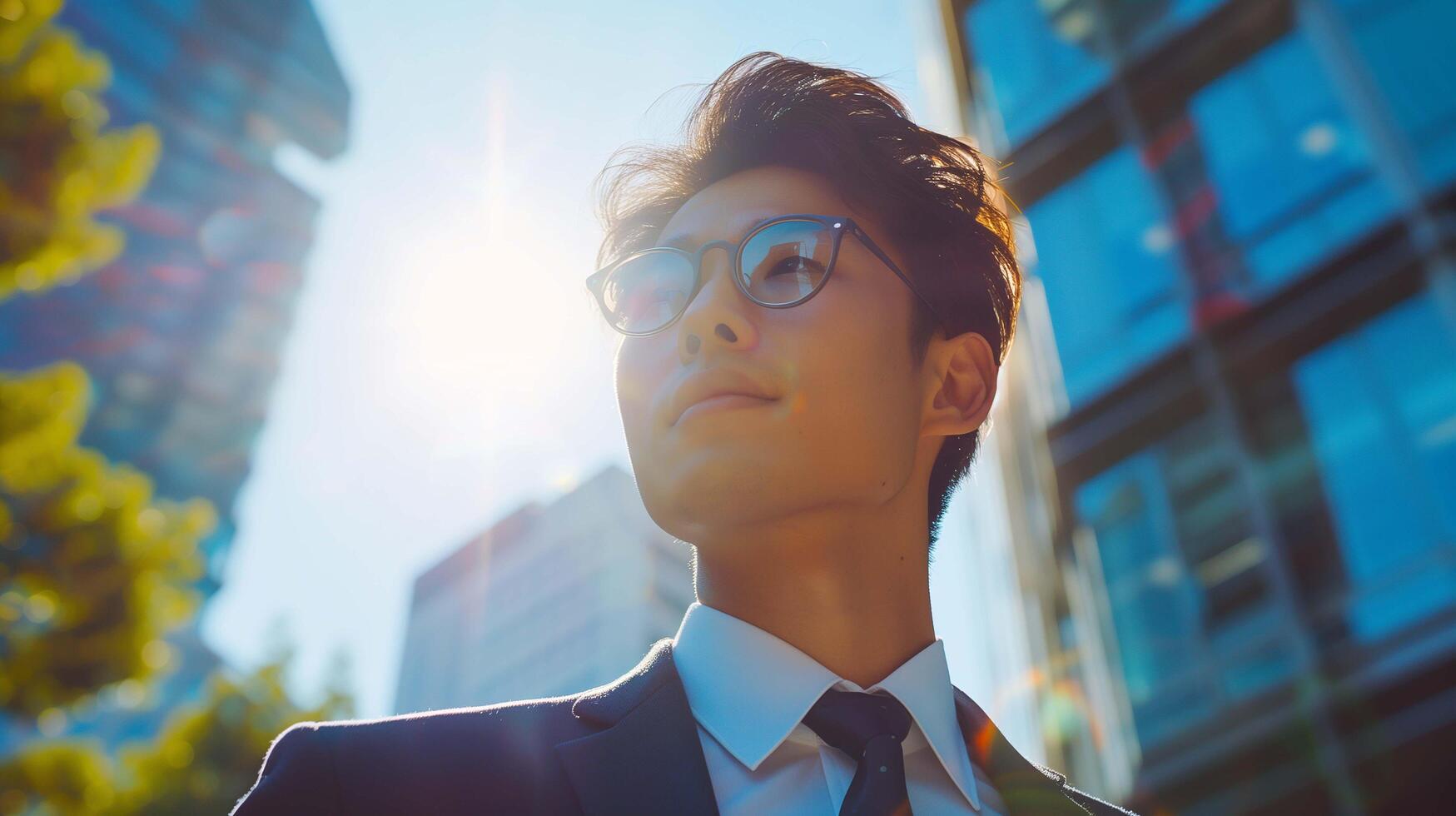 Businessman stands resolute, ready to conquer his ambitious business goals photo