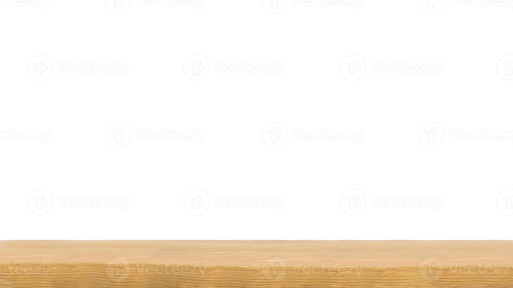 Wood table top or wooden empty shelf isolated on white background for product display. Kitchen countertop or wooden desk from front view. photo