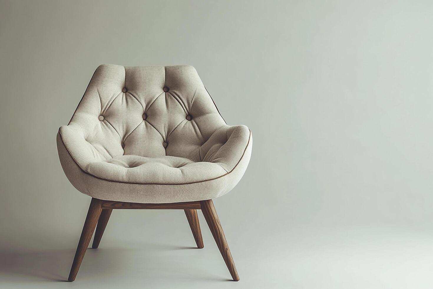 Chic modern chair with button tufts and angular wooden legs isolated photo