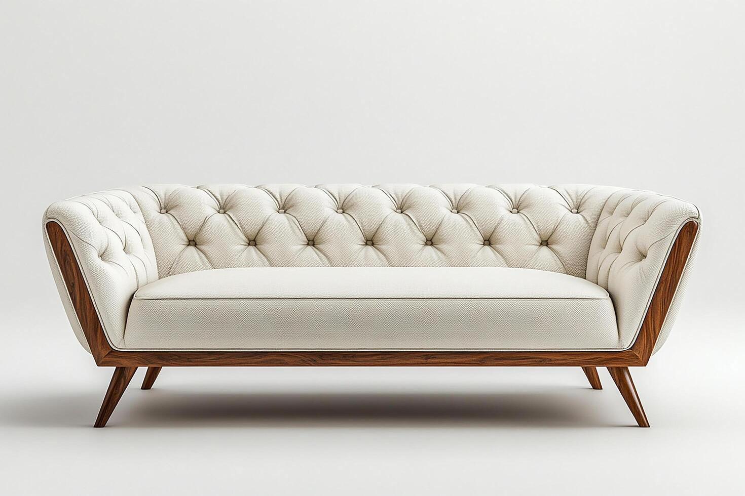 Chic modern sofa with button tufts and angular wooden legs isolated photo