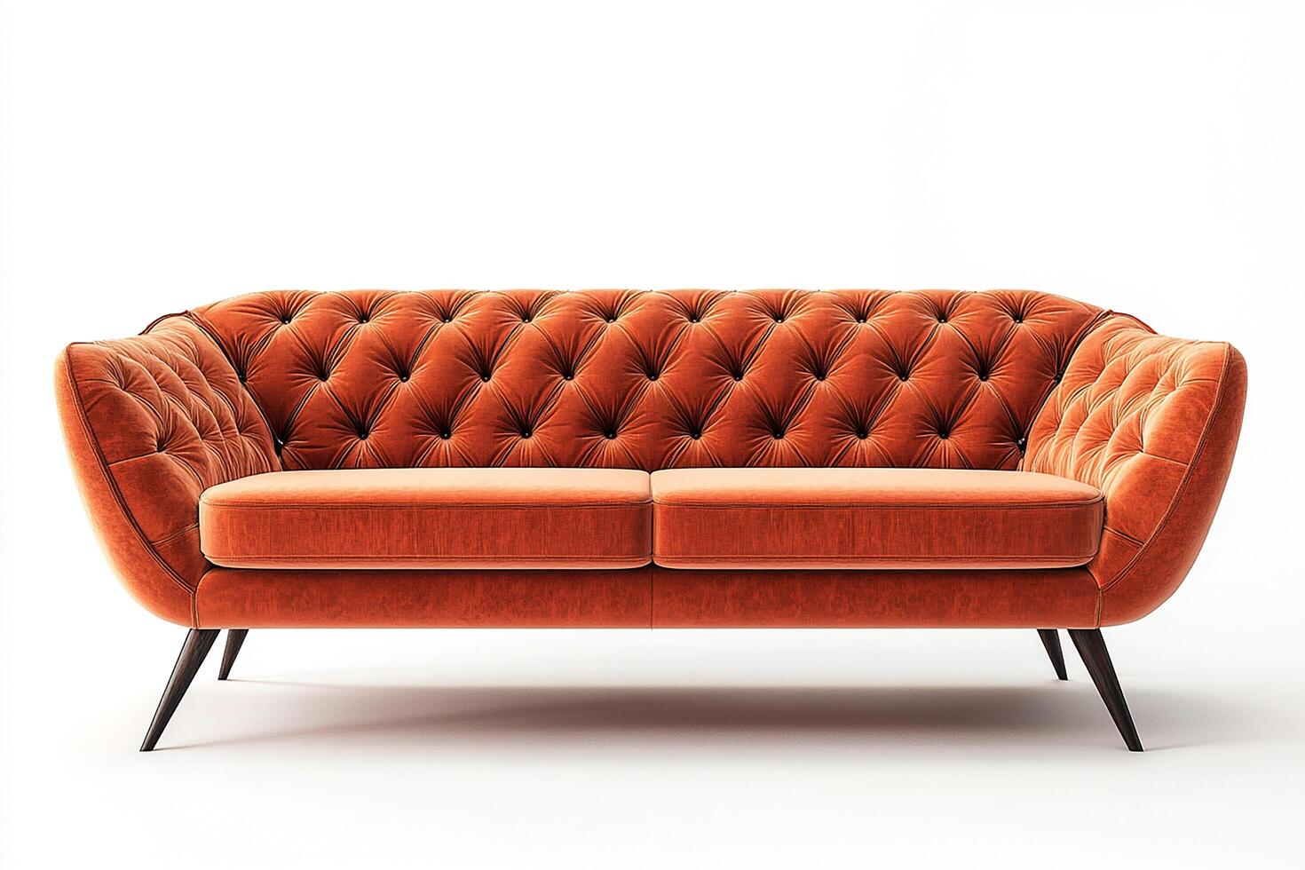 Chic modern sofa with button tufts and angular wooden legs isolated photo