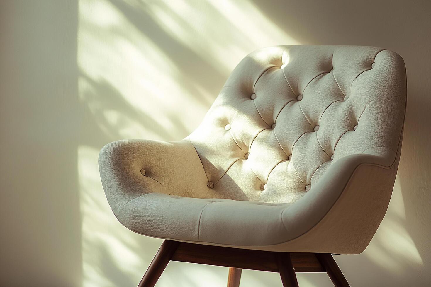 Chic modern chair with button tufts and angular wooden legs isolated photo