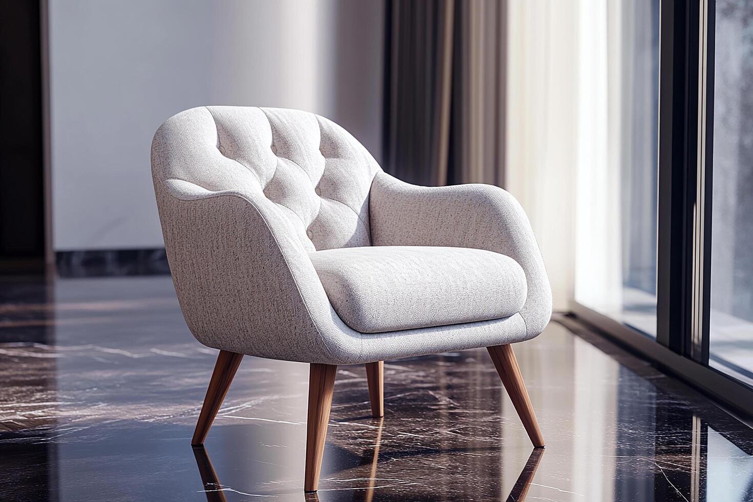 Chic modern chair with button tufts and angular wooden legs isolated photo