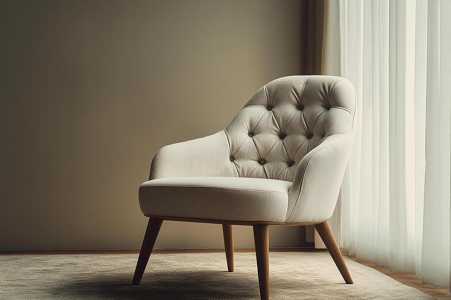 Chic modern chair with button tufts and angular wooden legs isolated photo