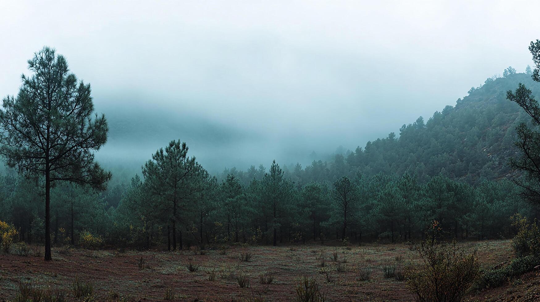 A forest with trees and a mountain in the background photo