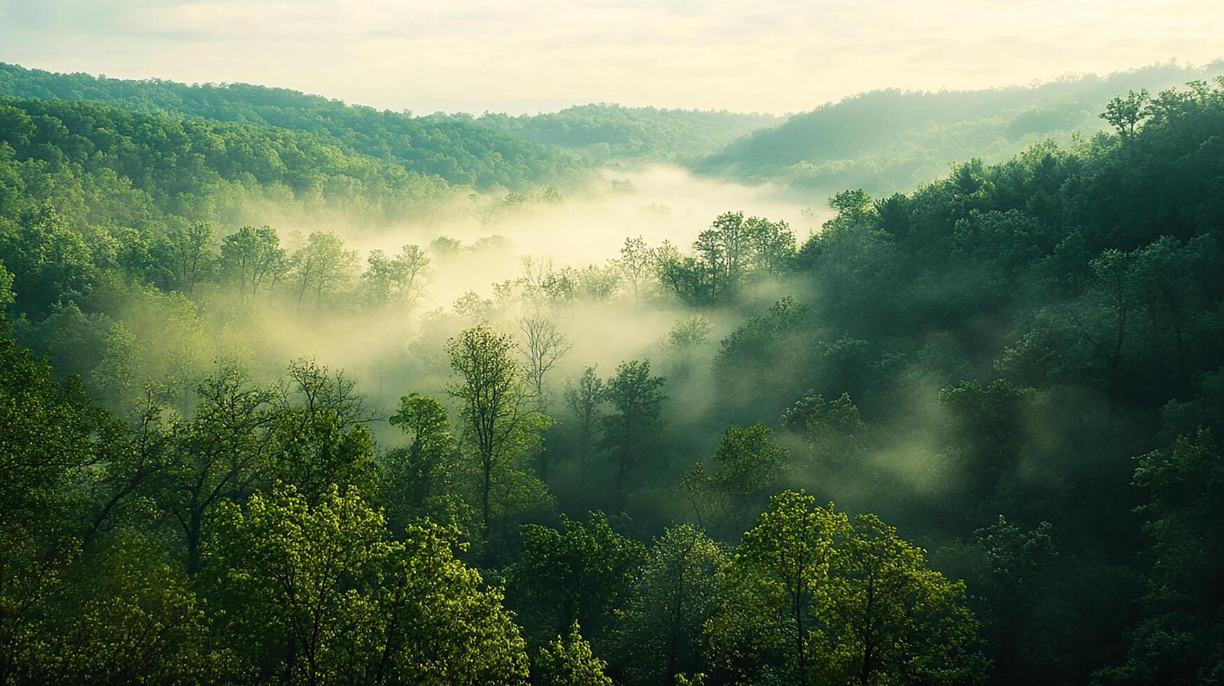 A misty forest with trees and a river photo