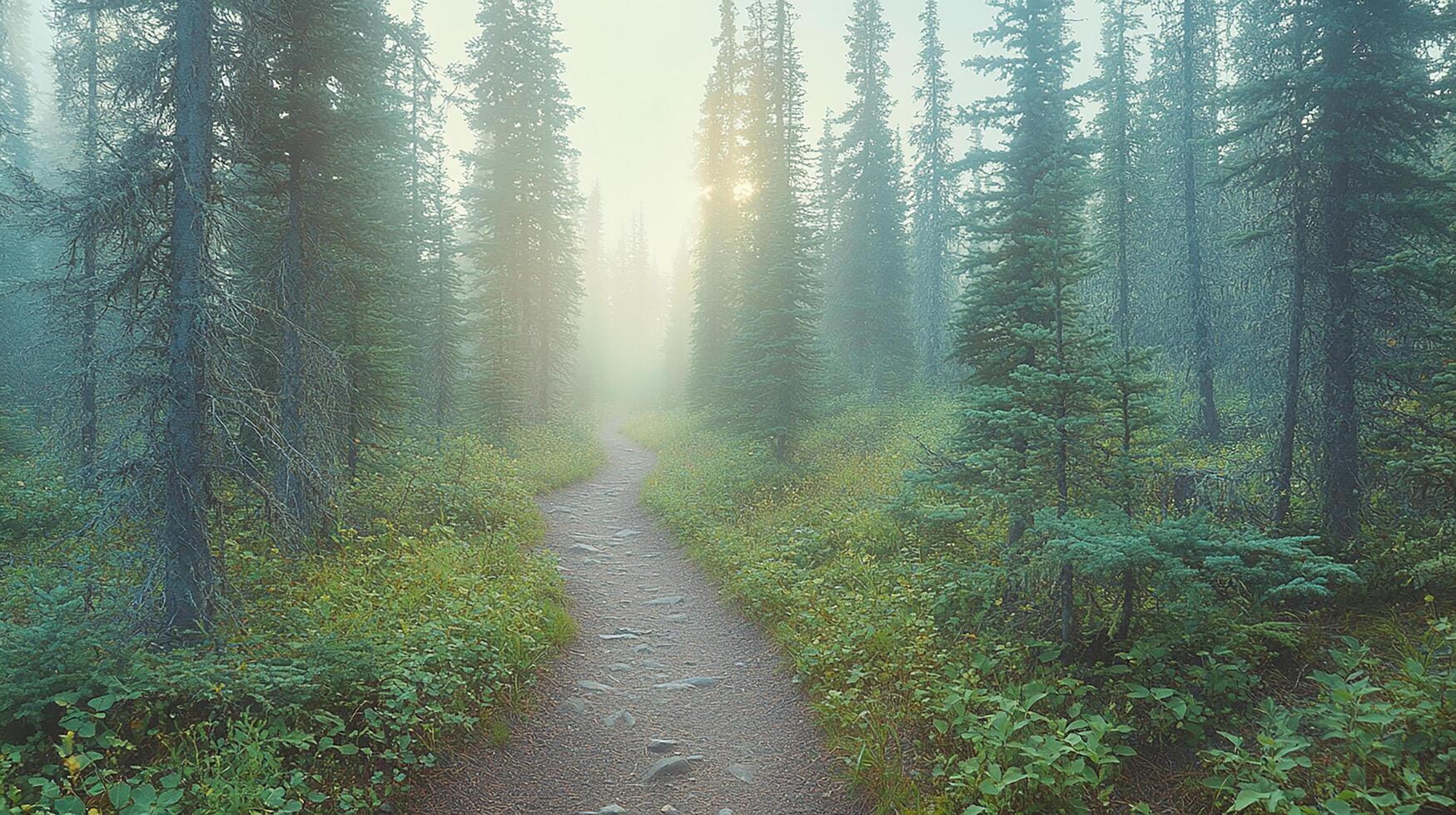 A path through a forest with trees and fog photo