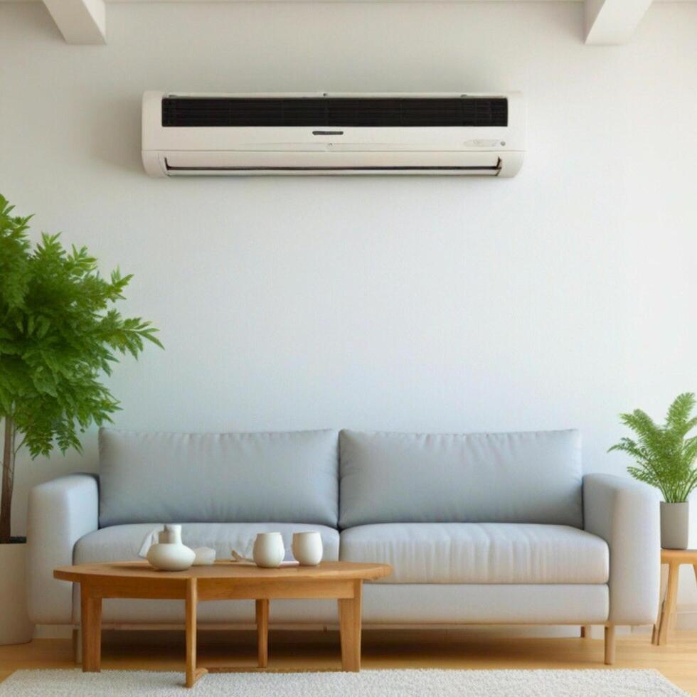 A modern, minimalist living room features a light grey sofa positioned against a white wall, beneath a mounted air conditioner. photo