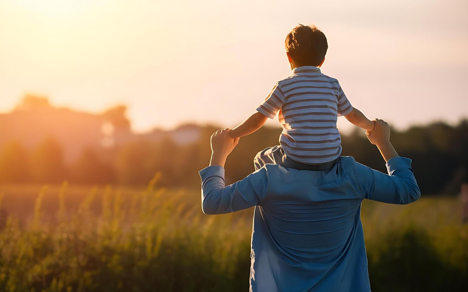 Fathers day. Back view of a little child boy sitting on his fathers shoulders holding hands and looking into the distance enjoying sunset. Father walking with son outdoors. photo
