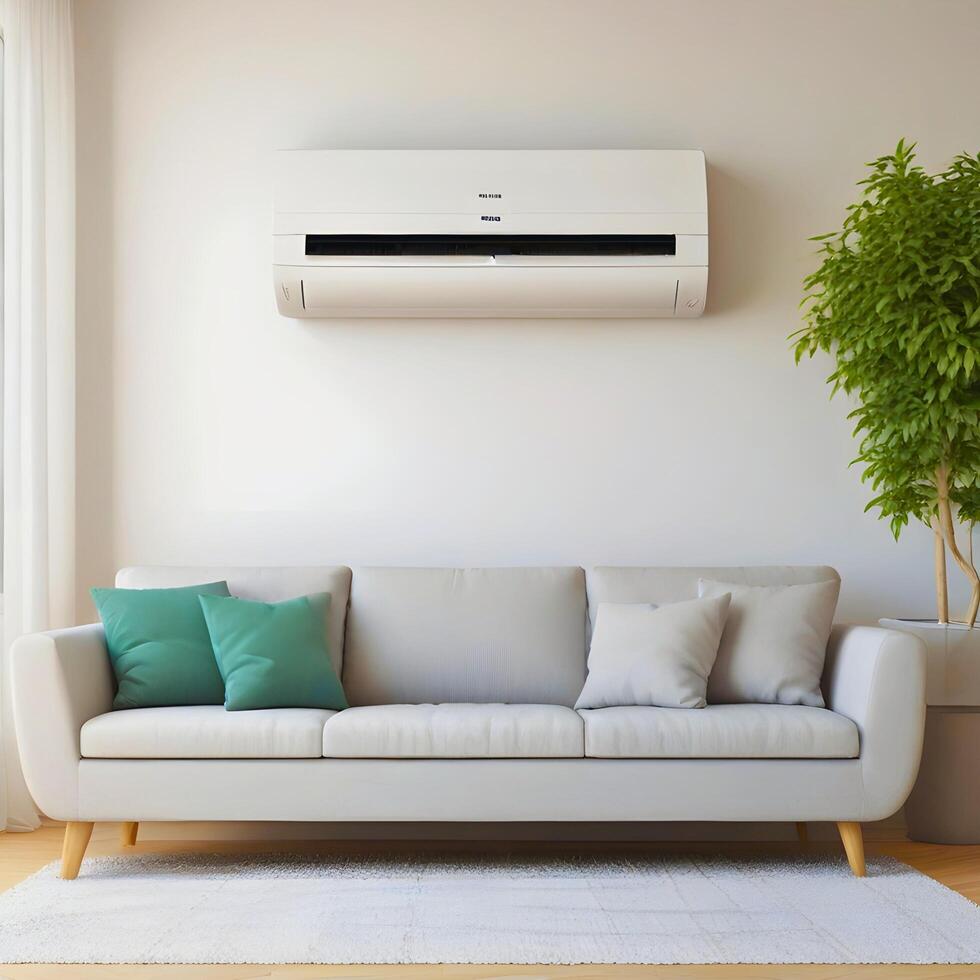 A modern, minimalist living room features a light grey sofa positioned against a white wall, beneath a mounted air conditioner. photo