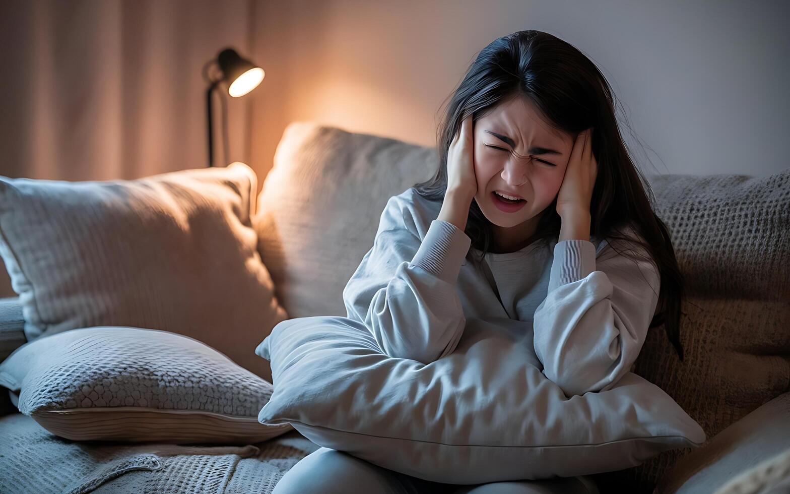 Woman feels dizzy and sits down on the couch. Young woman sitting on the sofa at home, feeling pain and a spinning sensation in her head. Concept of headache, vertigo, health problem, brain tumor. photo