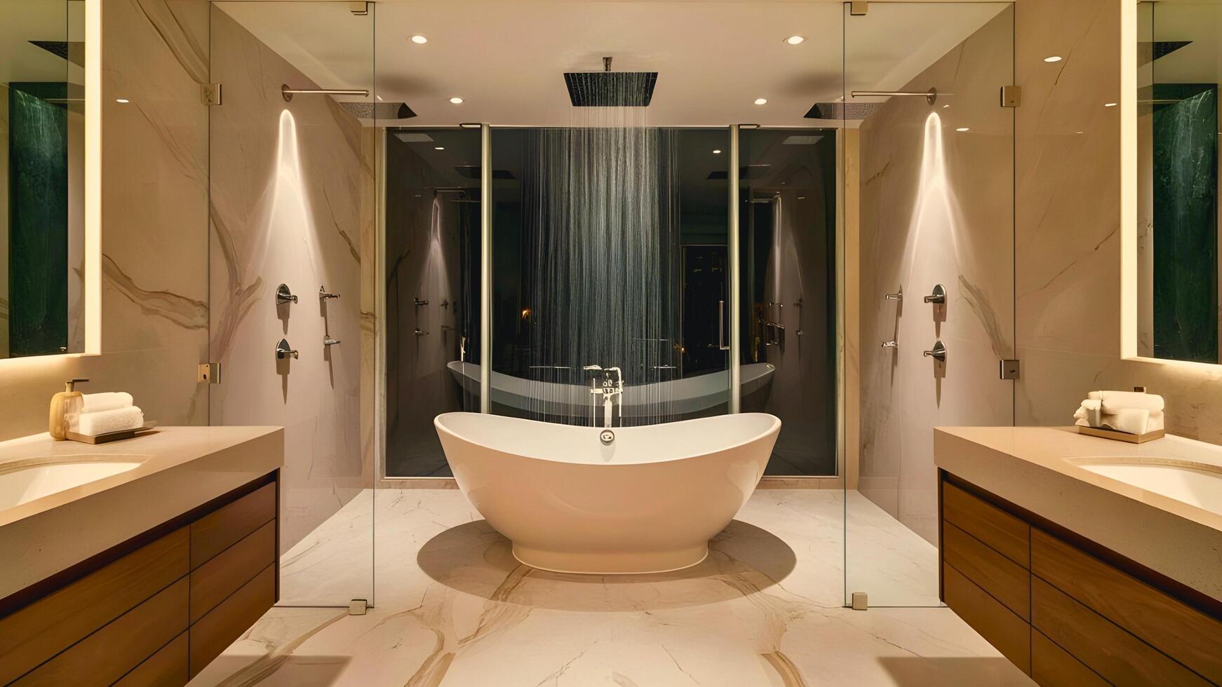 A modern aesthetic luxurious bathroom with a freestanding bathtub, a walk-in rain shower, and double vanities with sleek, clean lines. photo
