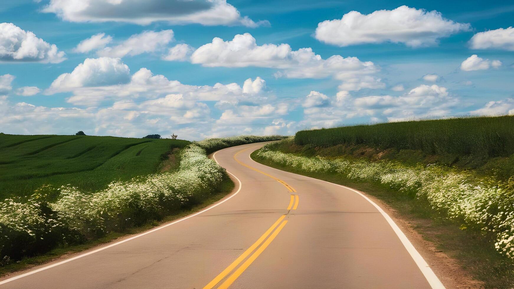 A winding country road lined with blooming wildflowers and lush green fields, stretching towards the horizon under a sky dotted with fluffy white clouds. photo