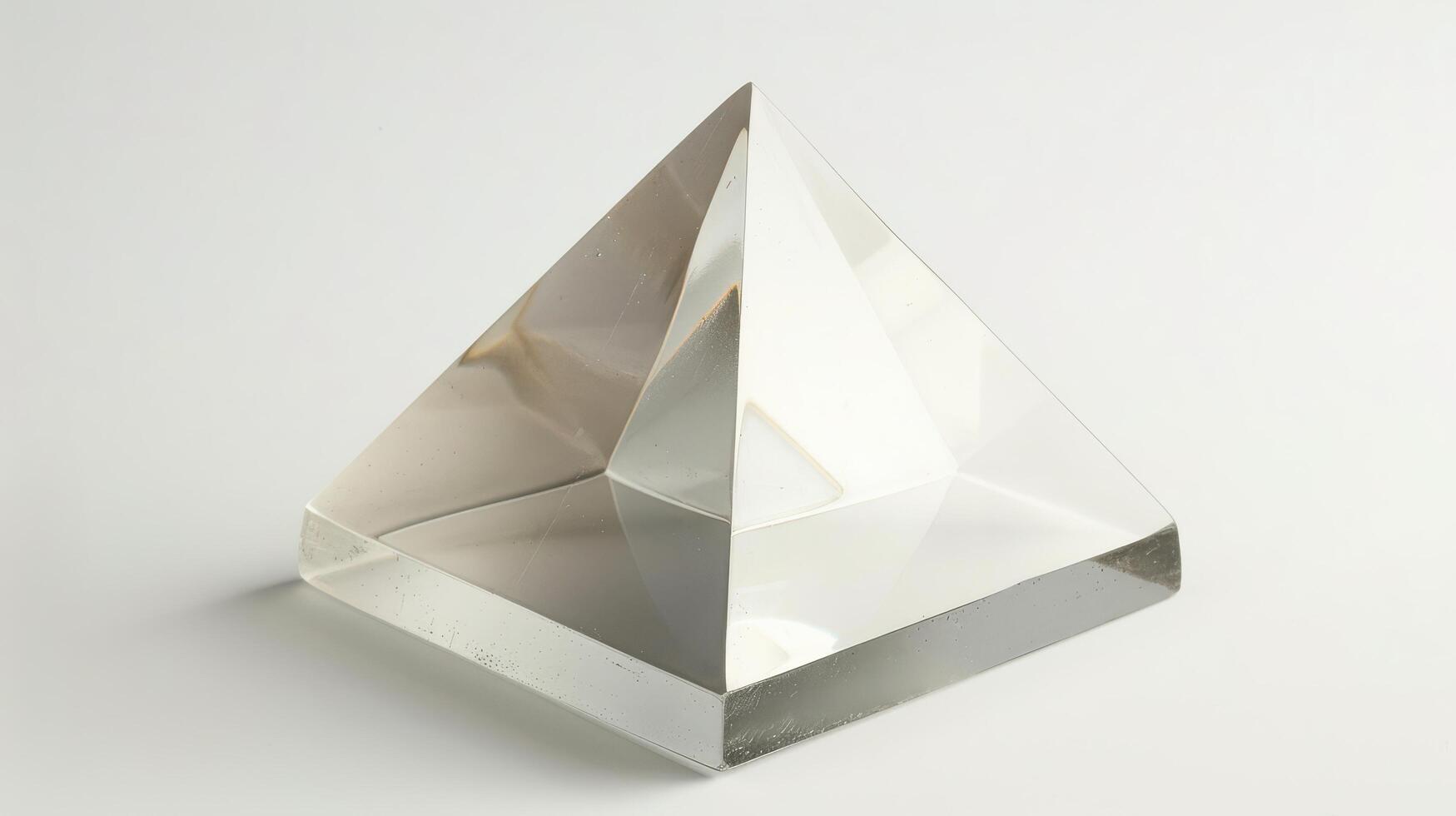 A clear crystal pyramid sitting on a light background, showcasing its geometric shape and reflective qualities photo