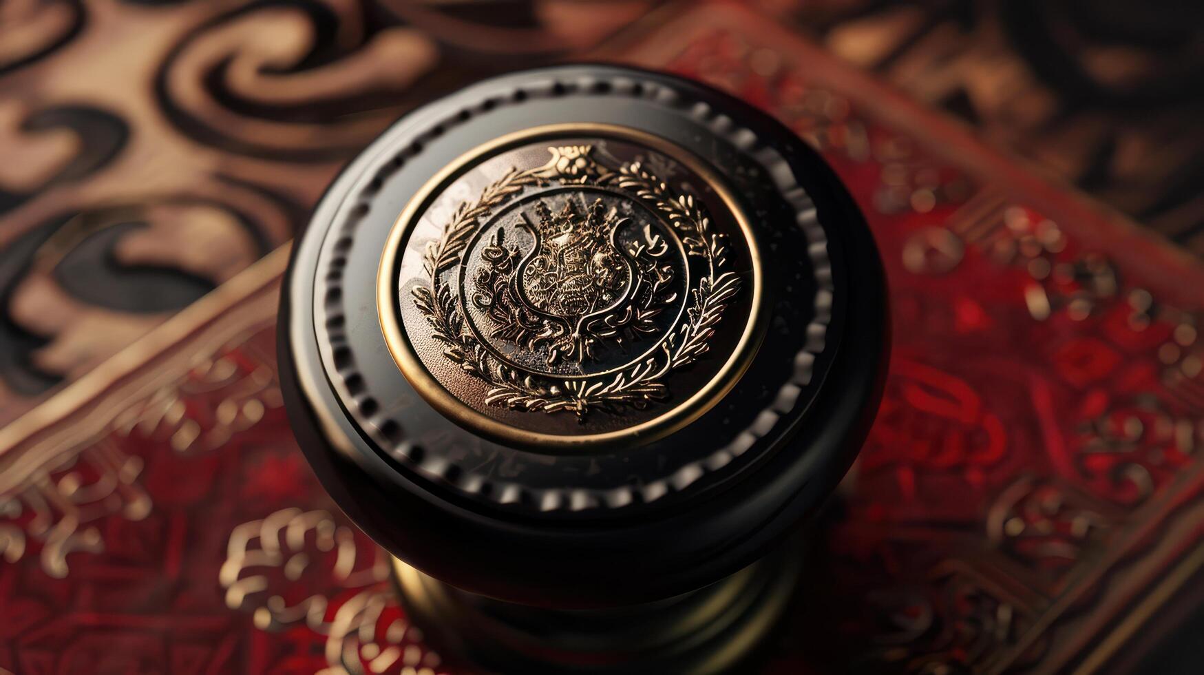 A detailed view of an ornate wax seal resting on an intricately designed paper background photo