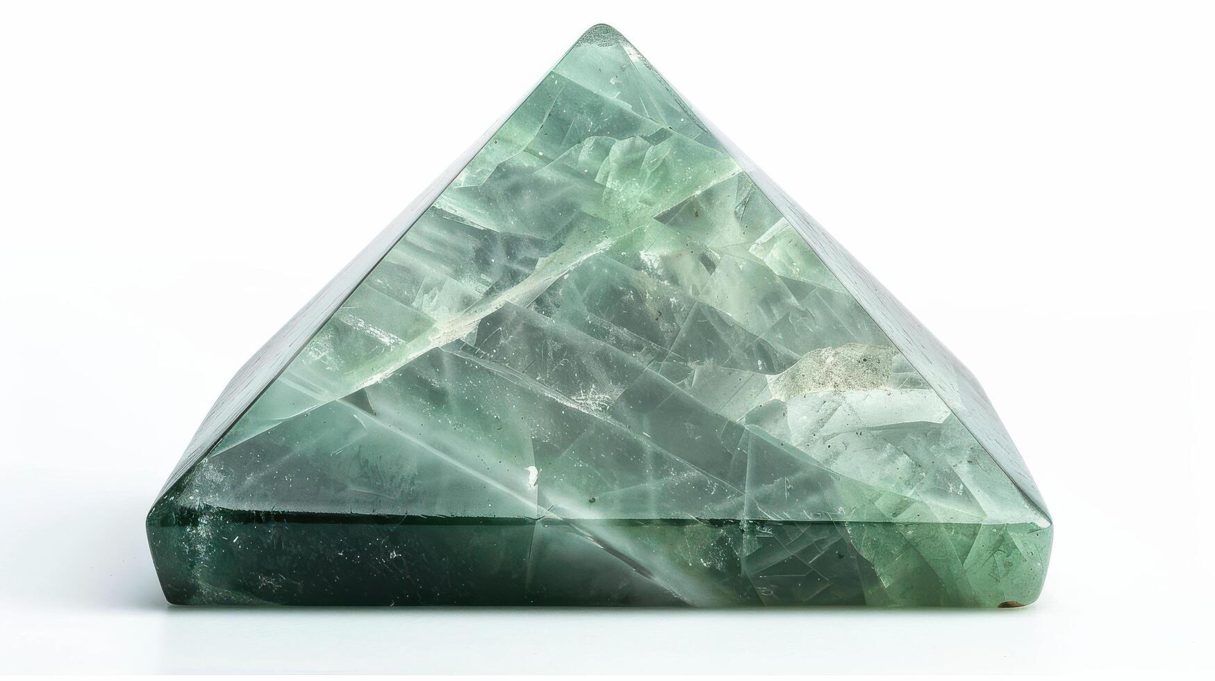 Decorative green crystal pyramid showcasing intricate patterns and textures with a smooth, polished finish photo