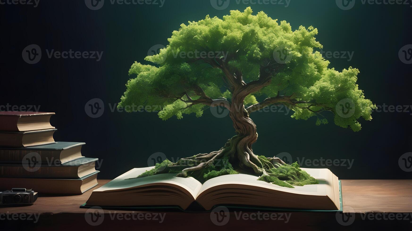 The tree grows from the book. A vibrant green tree grows out of an open book, symbolizing the power of knowledge and education. photo