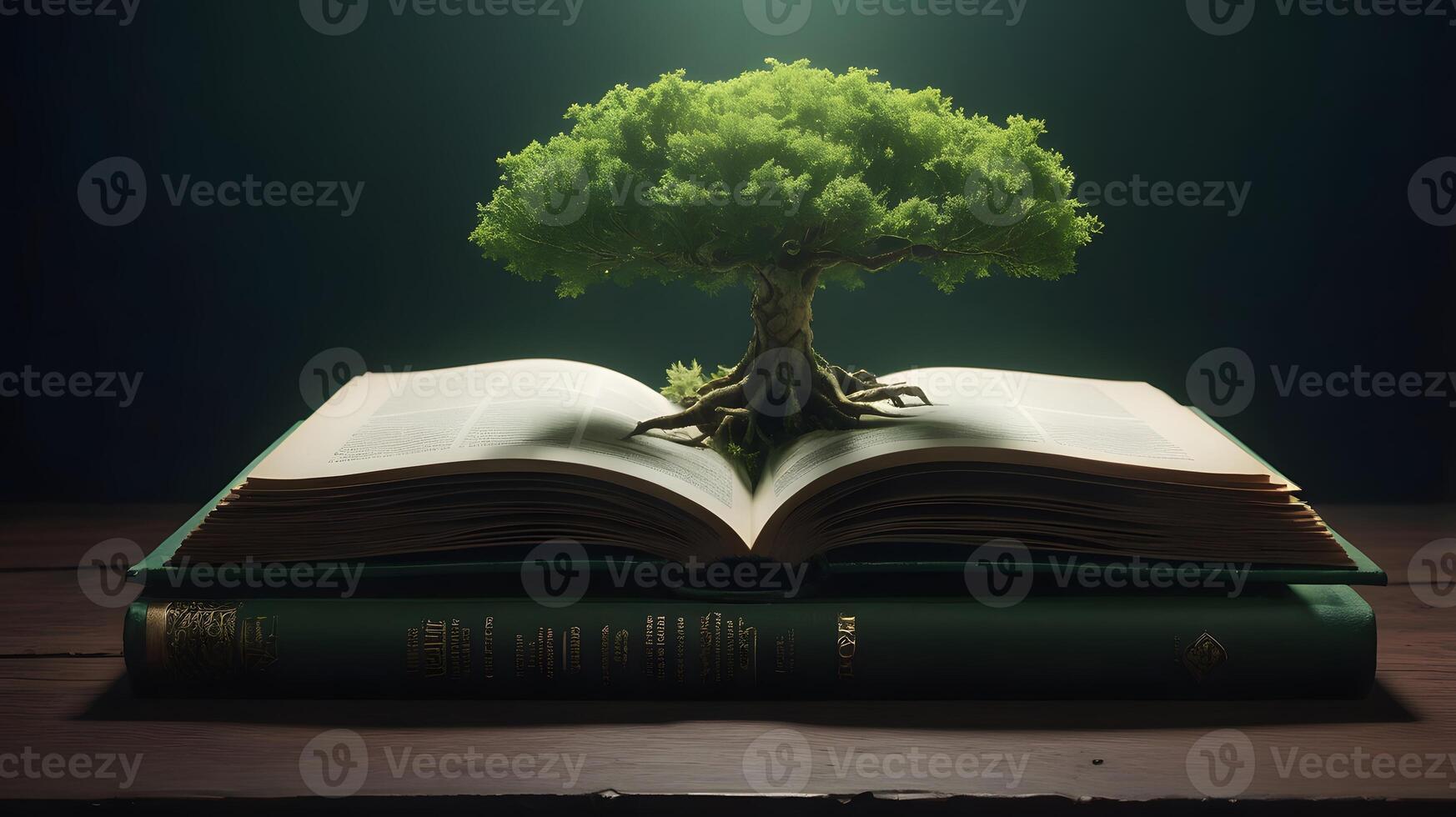 The tree grows from the book. A vibrant green tree grows out of an open book, symbolizing the power of knowledge and education. photo