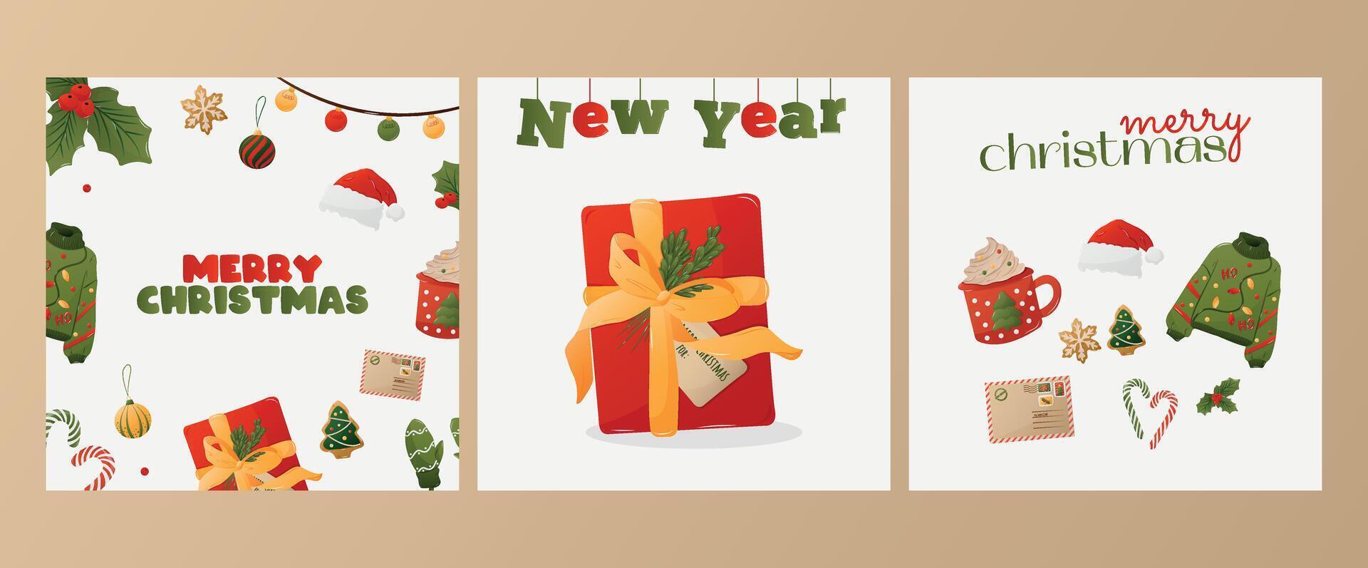Card set for Merry Christmas and New Year. Cozy winter, home comfort, holidays concept. Sweater, ginger pranic, mittens, candy, etc. Isolated illustration for card, postcard, cover. EPS 10 vector
