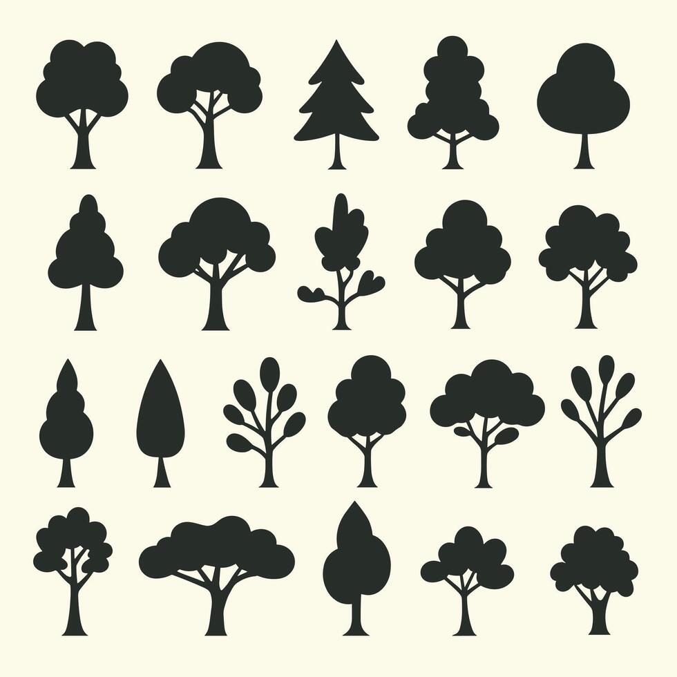 A collection of various black tree silhouettes against a beige background. vector