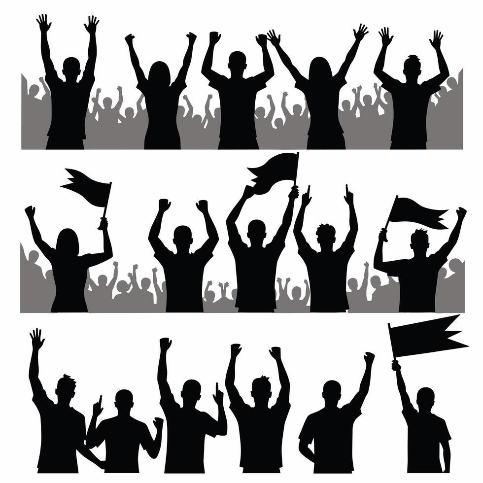 Silhouettes of enthusiastic crowd celebrating with raised arms and waving flags. vector