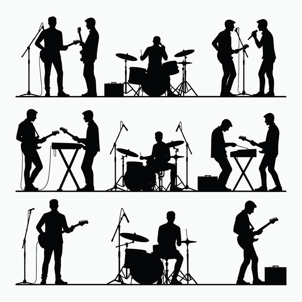 Silhouetted band members performing on various instruments, highlighting the energy and passion of live music. vector