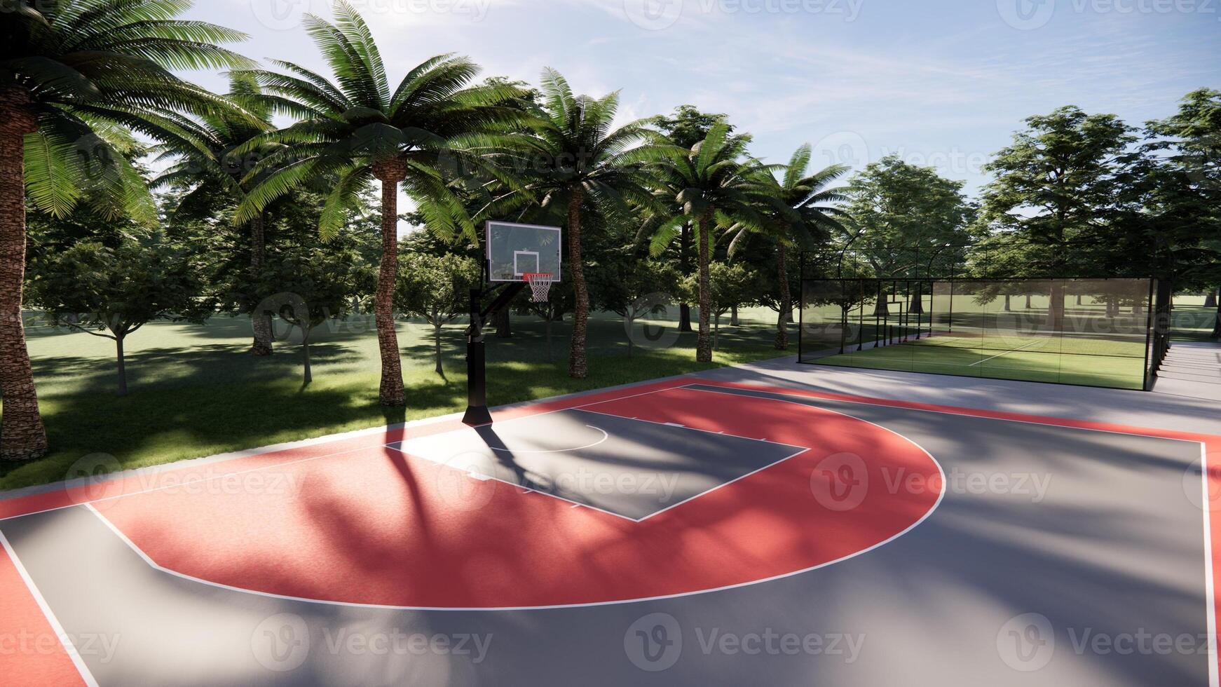 Aerial drone view of street Basketball court with red color photo
