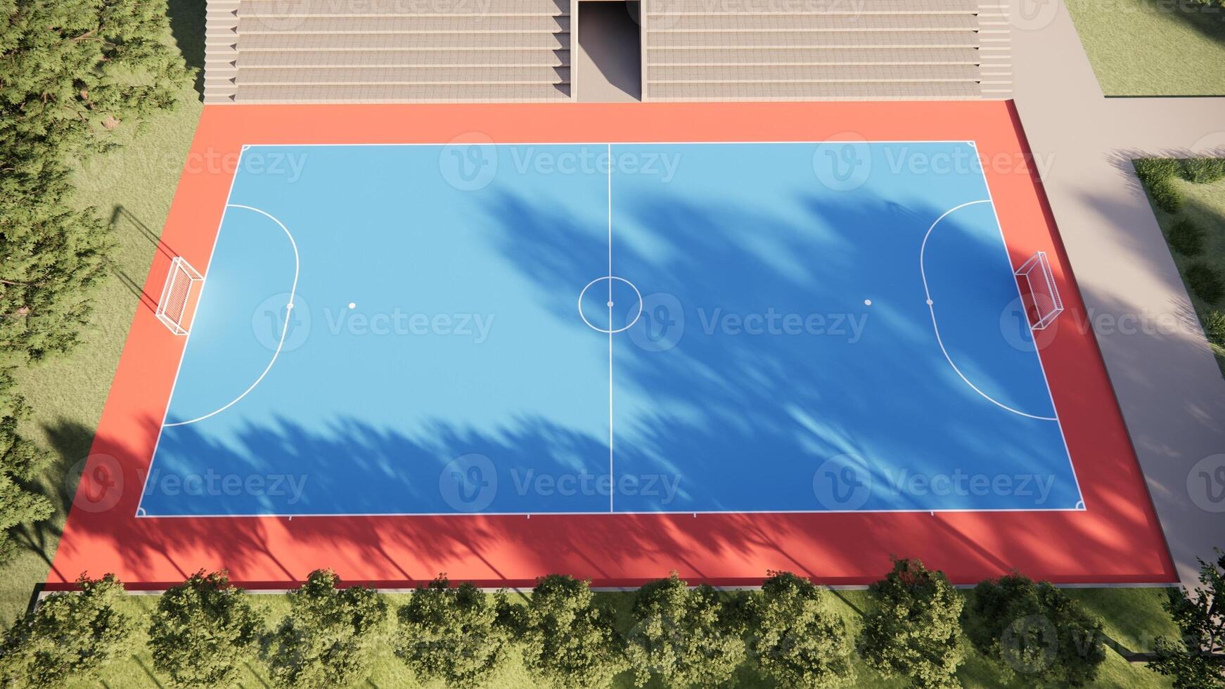 Aerial drone view of futsal pitch with blue and red color photo