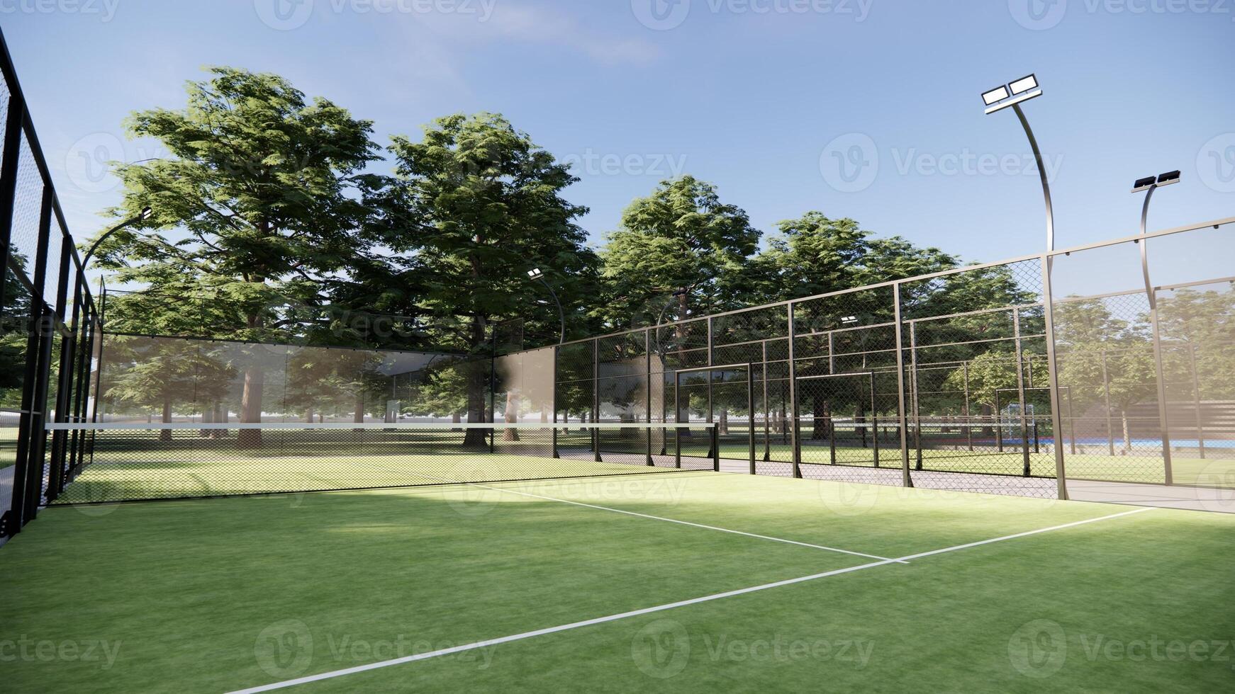 Outdoor Padel court with lines, net and glass structure at rural area photo