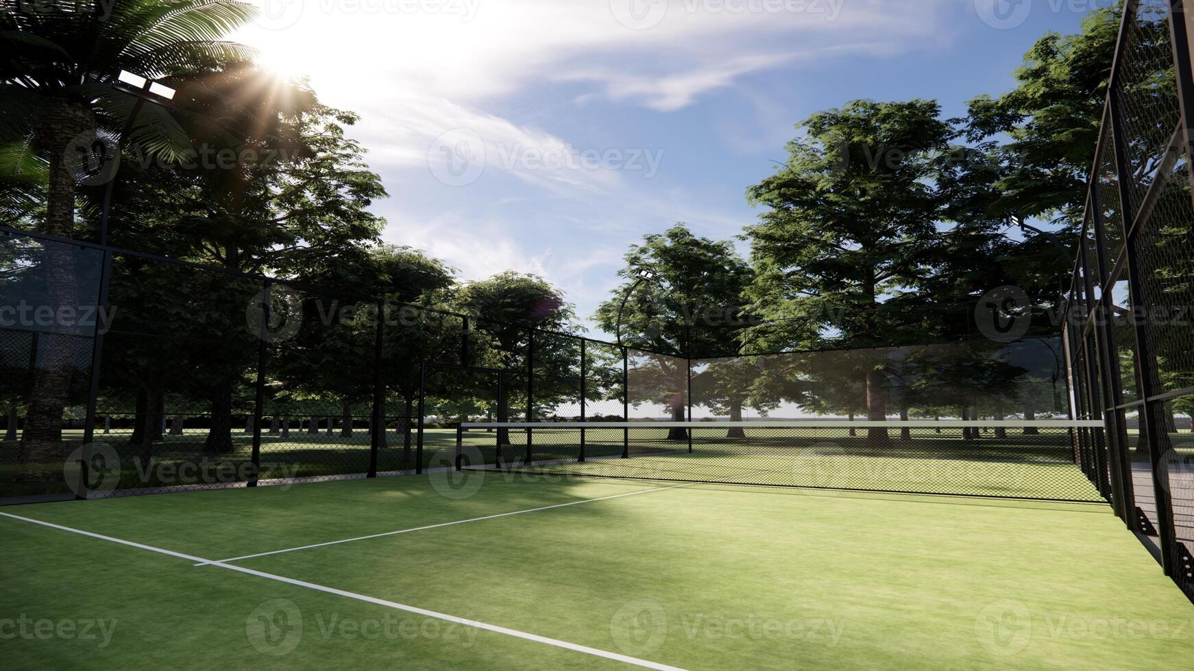 Outdoor Padel court with lines, net and glass structure at rural area photo