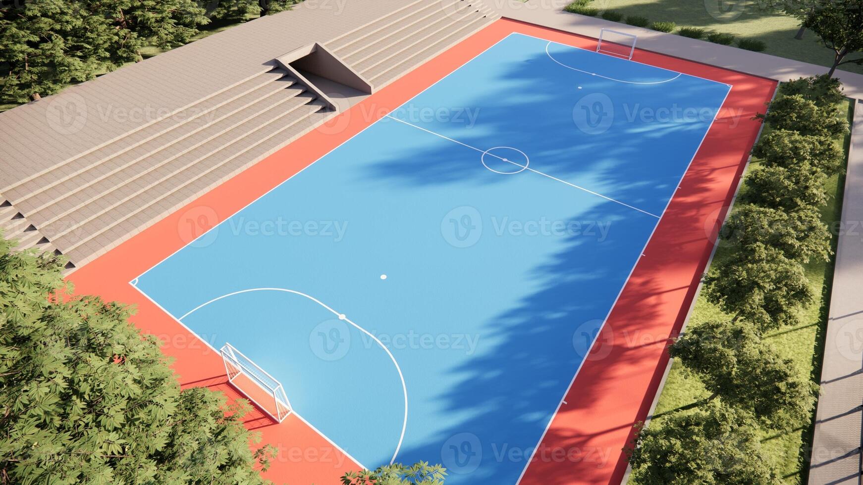 Aerial drone view of futsal pitch with blue and red color photo