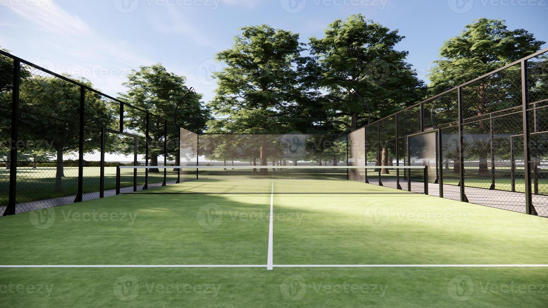 Padel court with lines, net and glass structure at rural area photo