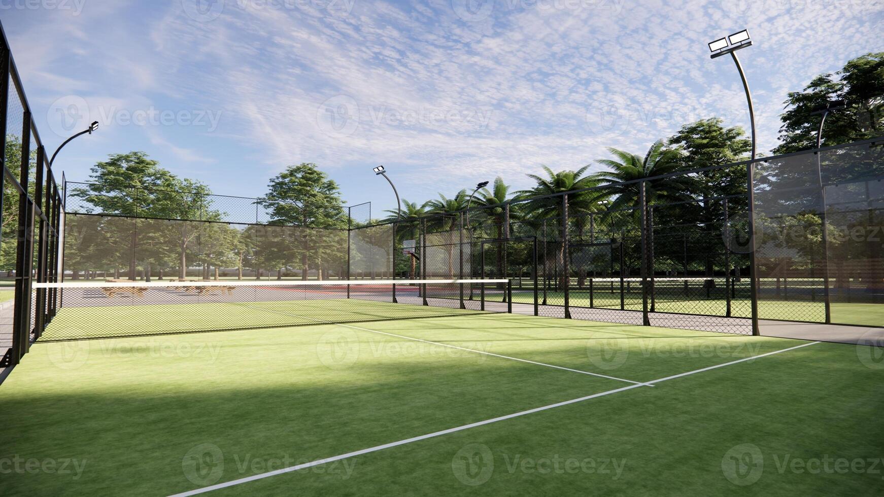 Padel court with lines, net and glass structure at rural area photo