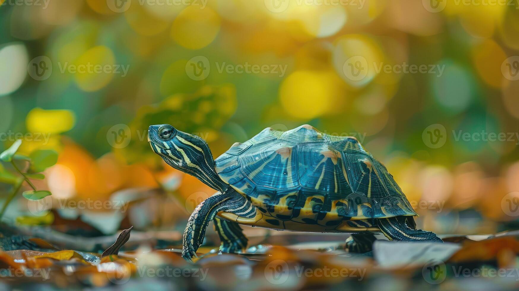 a small turtle sitting on top of a leaf covered ground photo