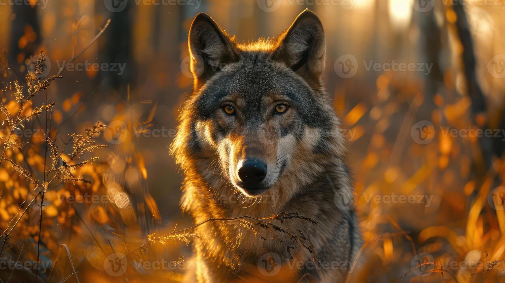 a wolf standing in the middle of a forest photo