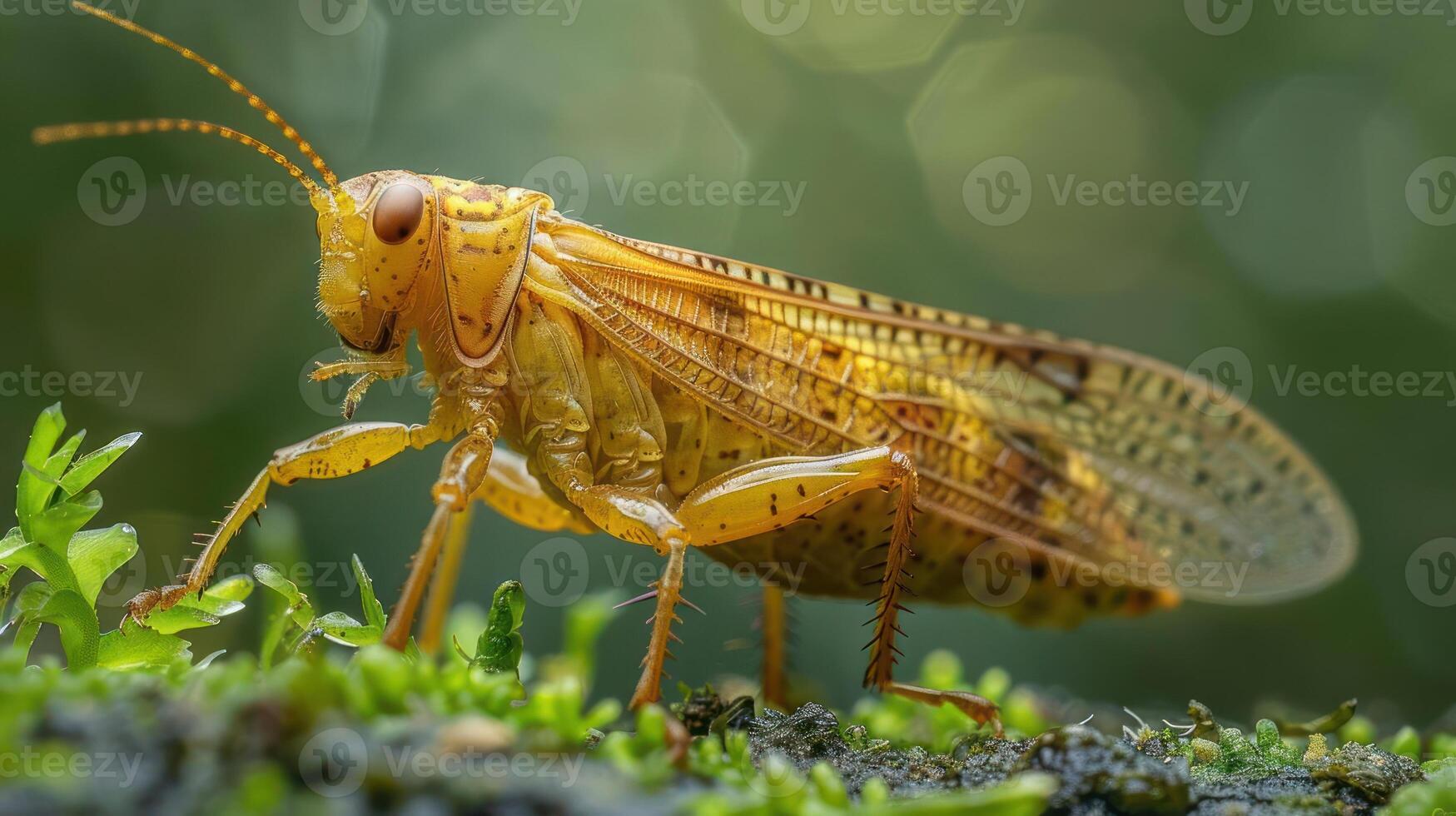 a close up of a grasshopper insect on a mossy surface photo