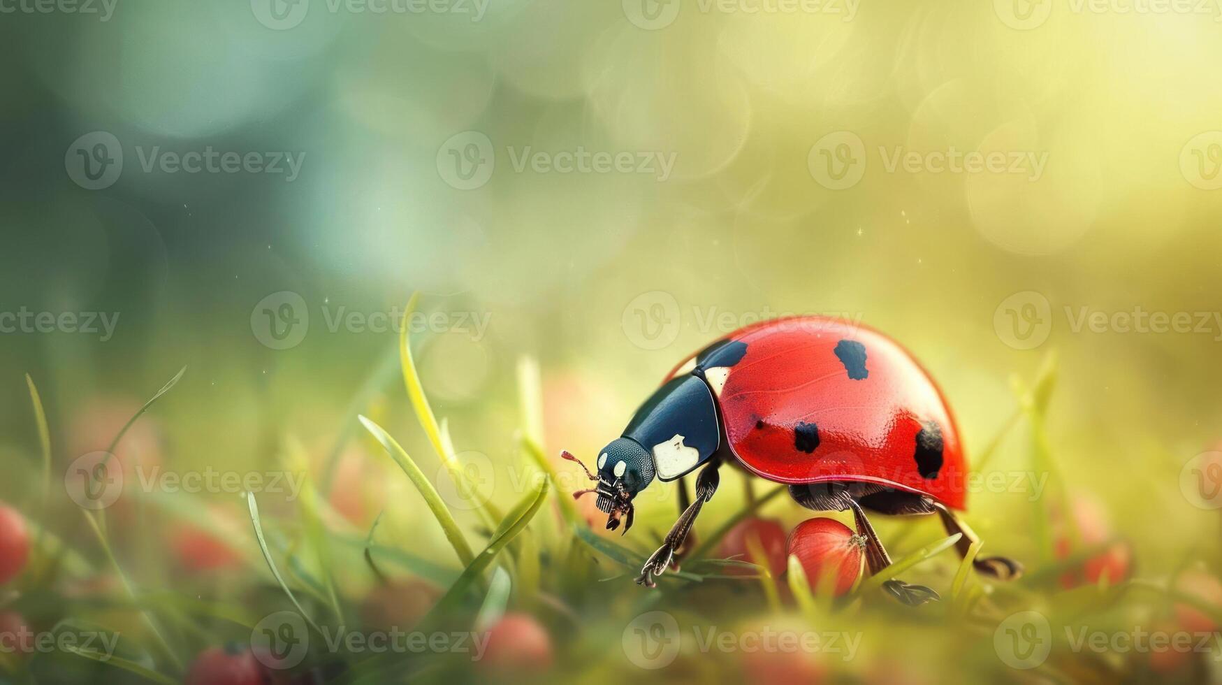 a lady bug sitting on top of a lush green field photo