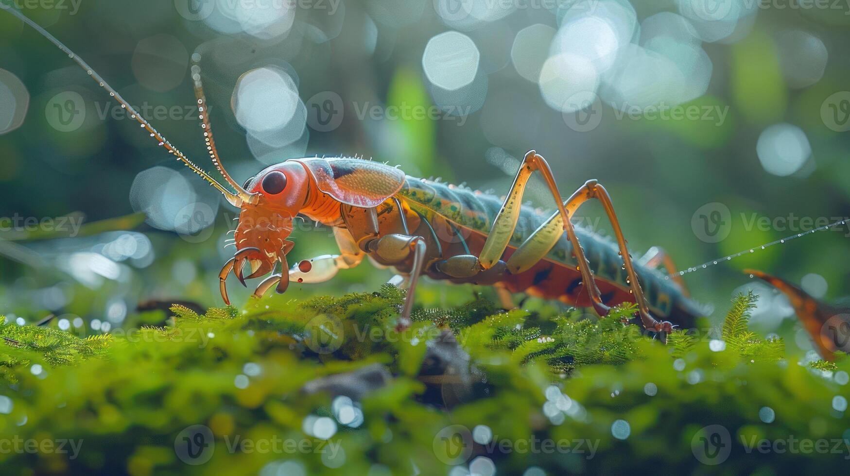 a close up of a grasshopper on a mossy surface photo
