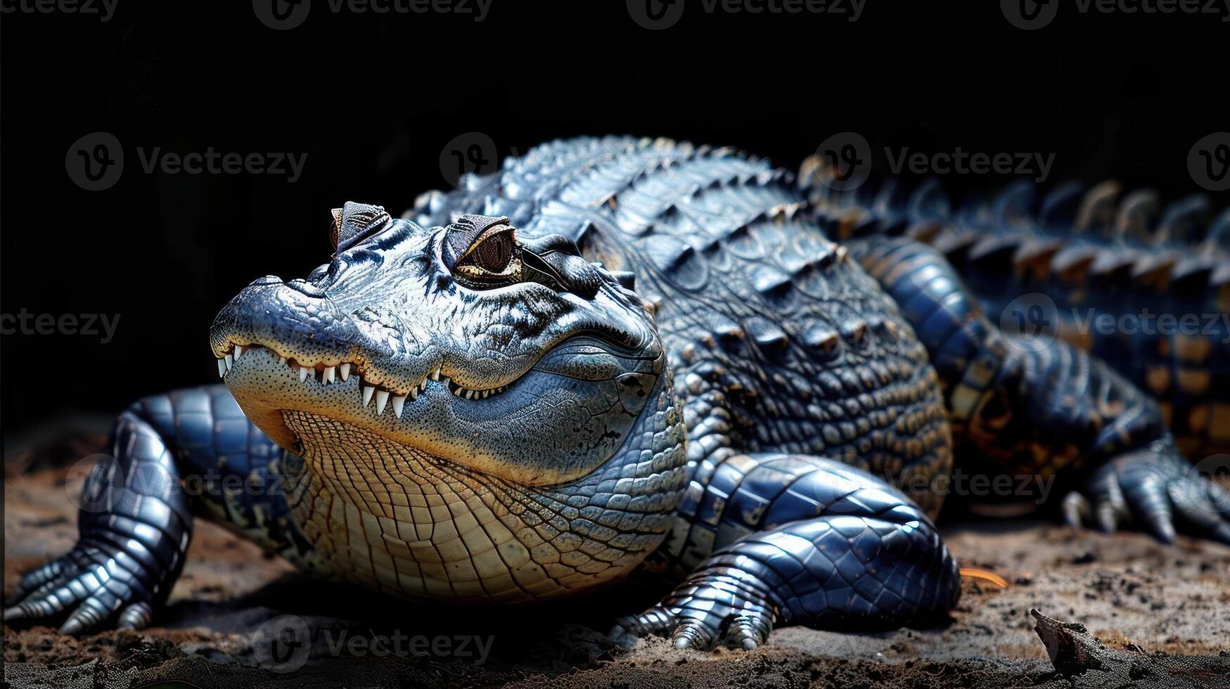 a close up of an alligator laying on the ground photo