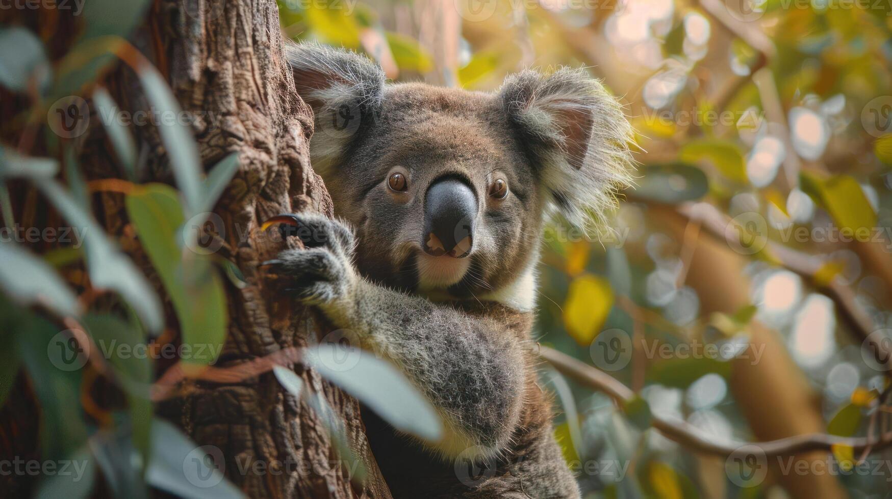 a koala bear climbing a tree in a forest photo