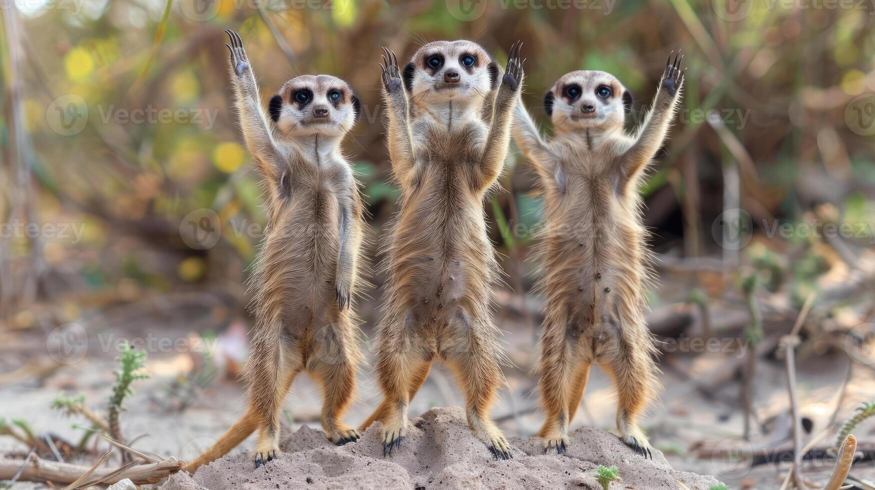 a group of three meerkats standing on top of a rock photo