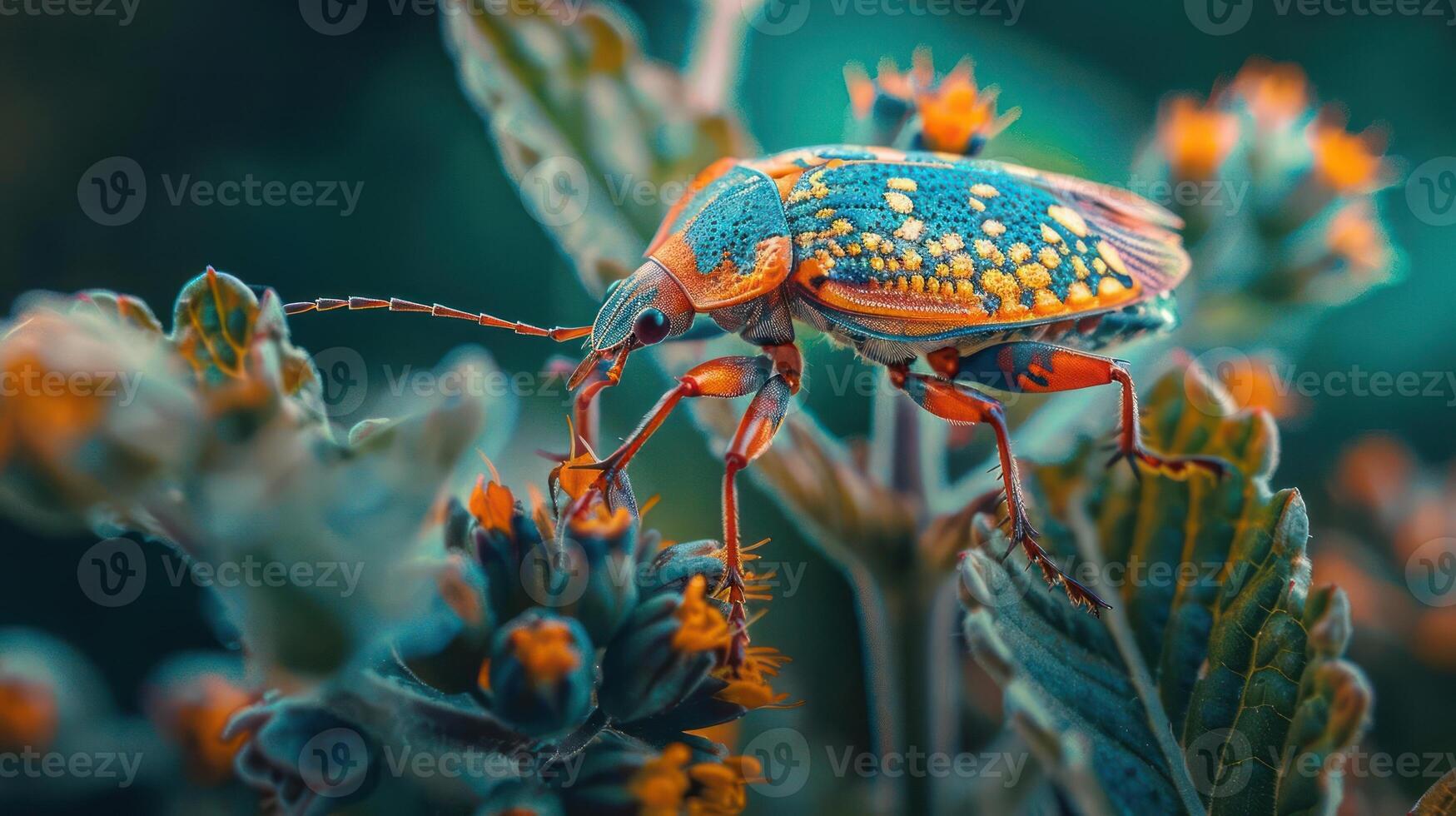 a colorful bug sitting on top of a green plant photo
