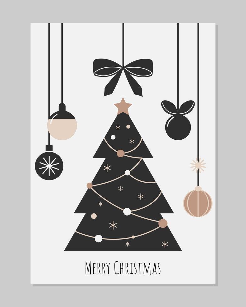 stylish simple merry christmas card with fir tree in minimalist style. graphic art for xmas greetings vector