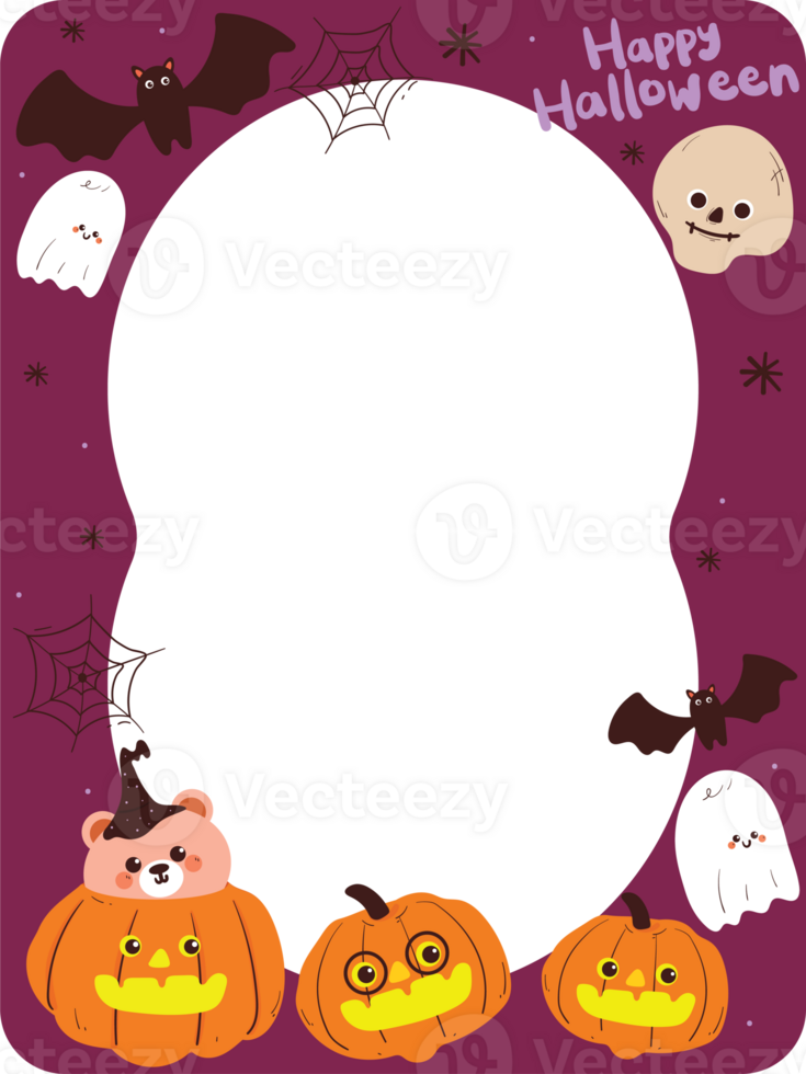 hand drawing cartoon cute frame with halloween pumpkin, bear and ghost. cute frame for card holder, photo frame png