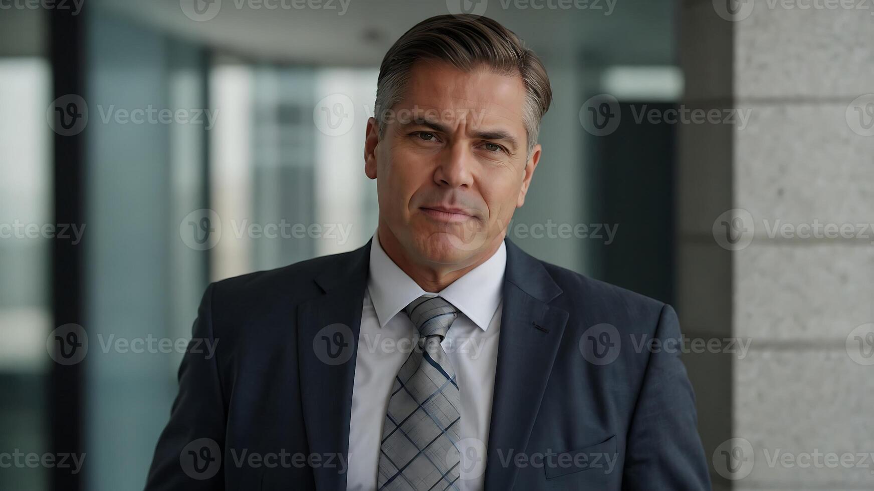 A man in a suit and tie standing in an office photo