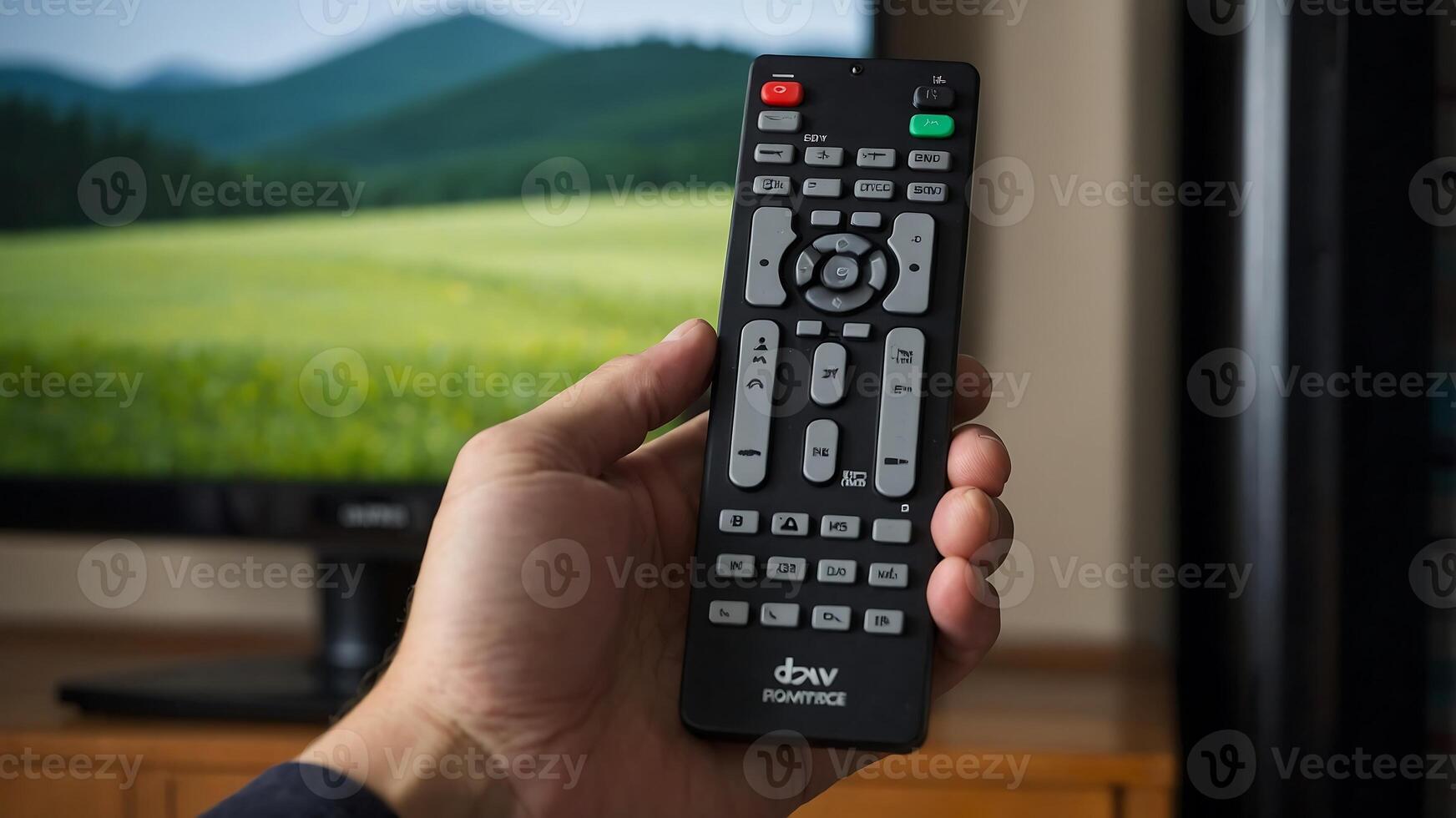 A person holding a remote control in front of a television photo